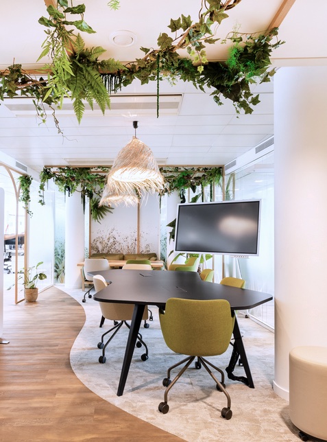 Espace de travail lumineux avec plantes suspendues et grande table de réunion