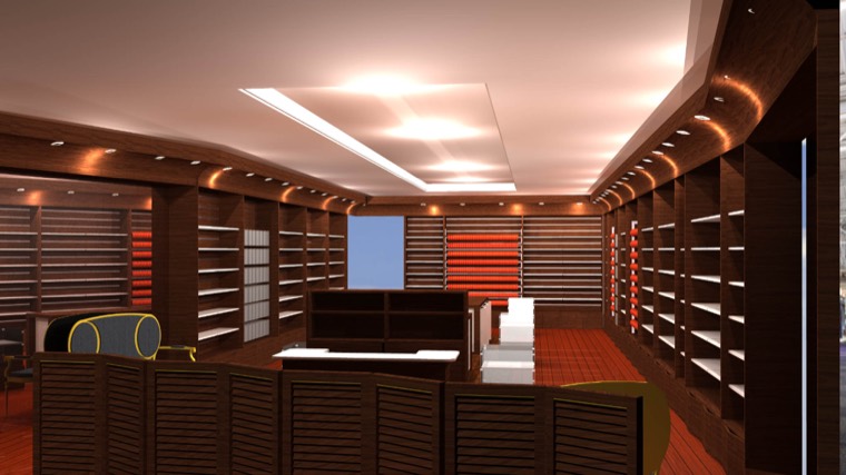 Vue 3D d’une boutique aux linéaires en bois sombre et à l’éclairage indirect